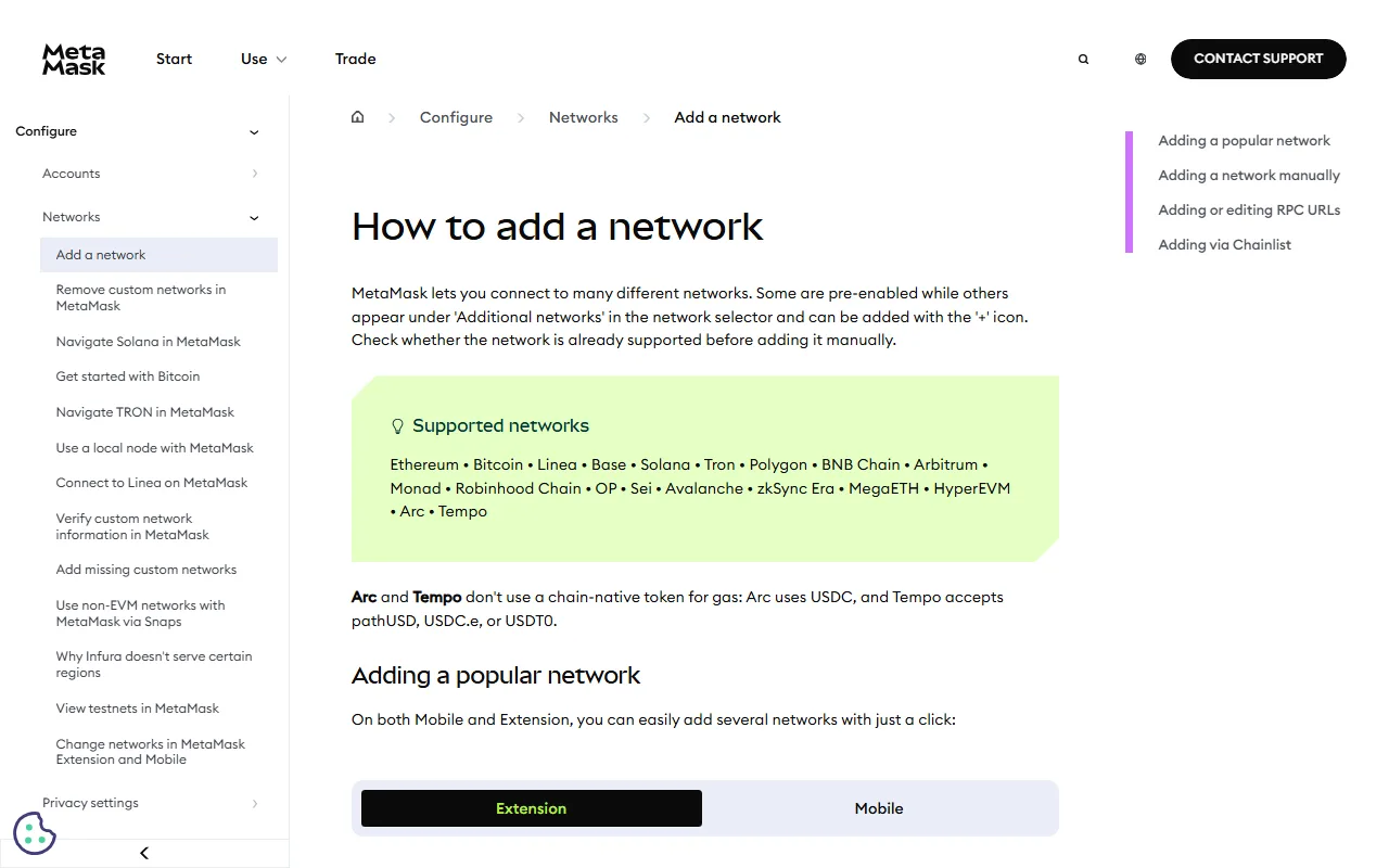MetaMask அதிகாரப்பூர்வ உதவிப் பக்கம்: wallet-ல் network சேர்ப்பது குறித்த வழிமுறையும், ஏற்கனவே ஆதரிக்கப்படும் network-களின் பட்டியலும்